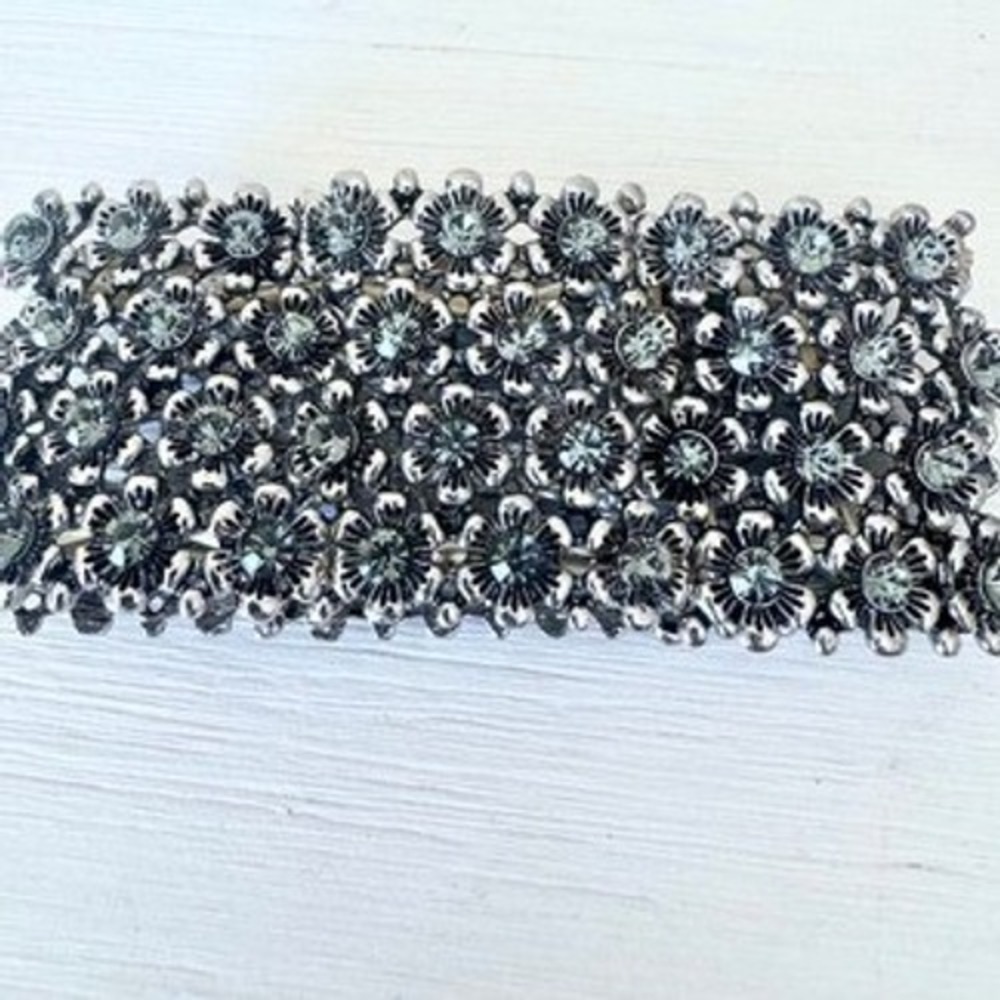 Floral Rhinestone Stretch Cuff Bracelet Silver Tone Wide Statement Resortwear - Picture 3 of 9
